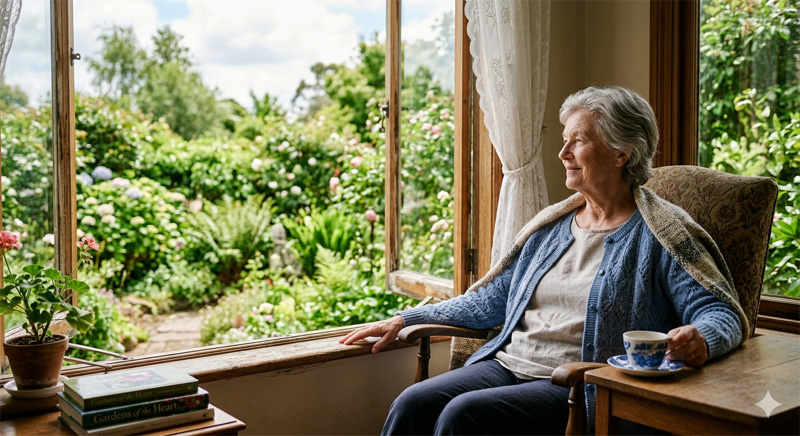 Elderly person sitting comfortably by a window with fresh air