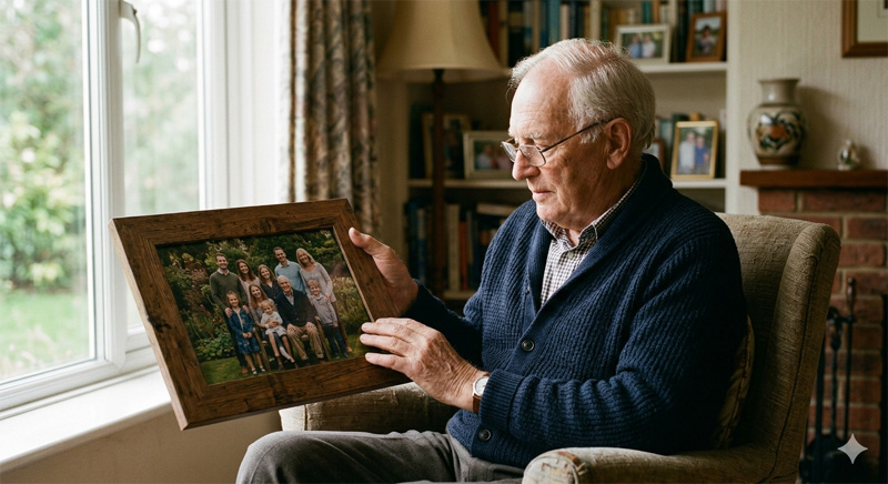 Elderly person looking at family photos with caregiver beside them