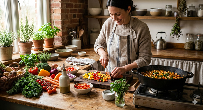 Healthy colorful meal being prepared in a warm kitchen
