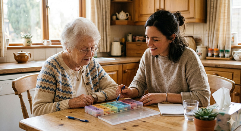 Caregiver and parent sitting together reviewing medication schedule