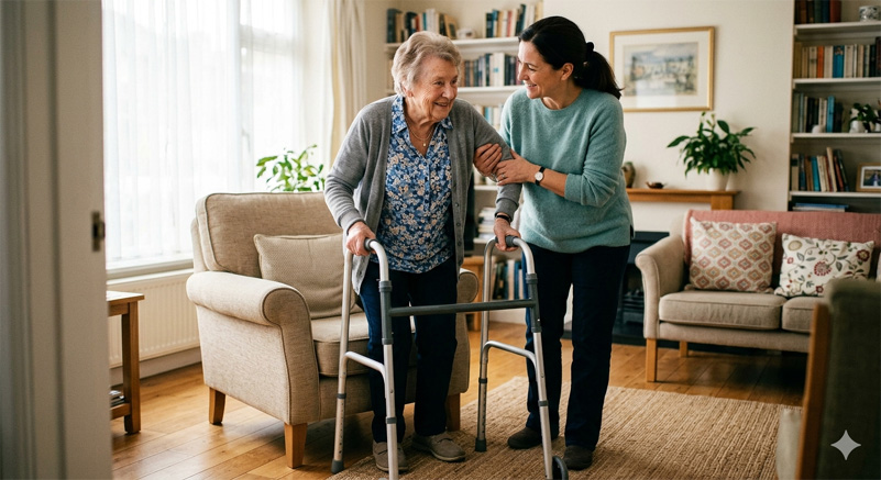 Caregiver walking beside elderly parent with walker in bright hallway