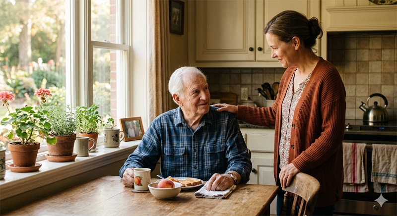 Caregiver gently helping elderly parent with morning routine