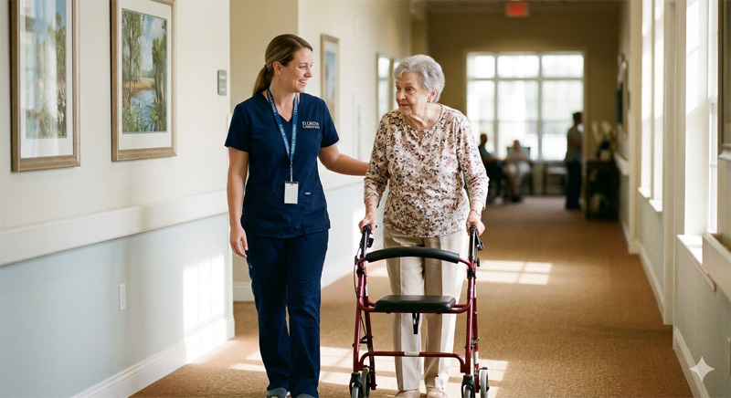 Caregiver supporting parent during gentle physical therapy exercise