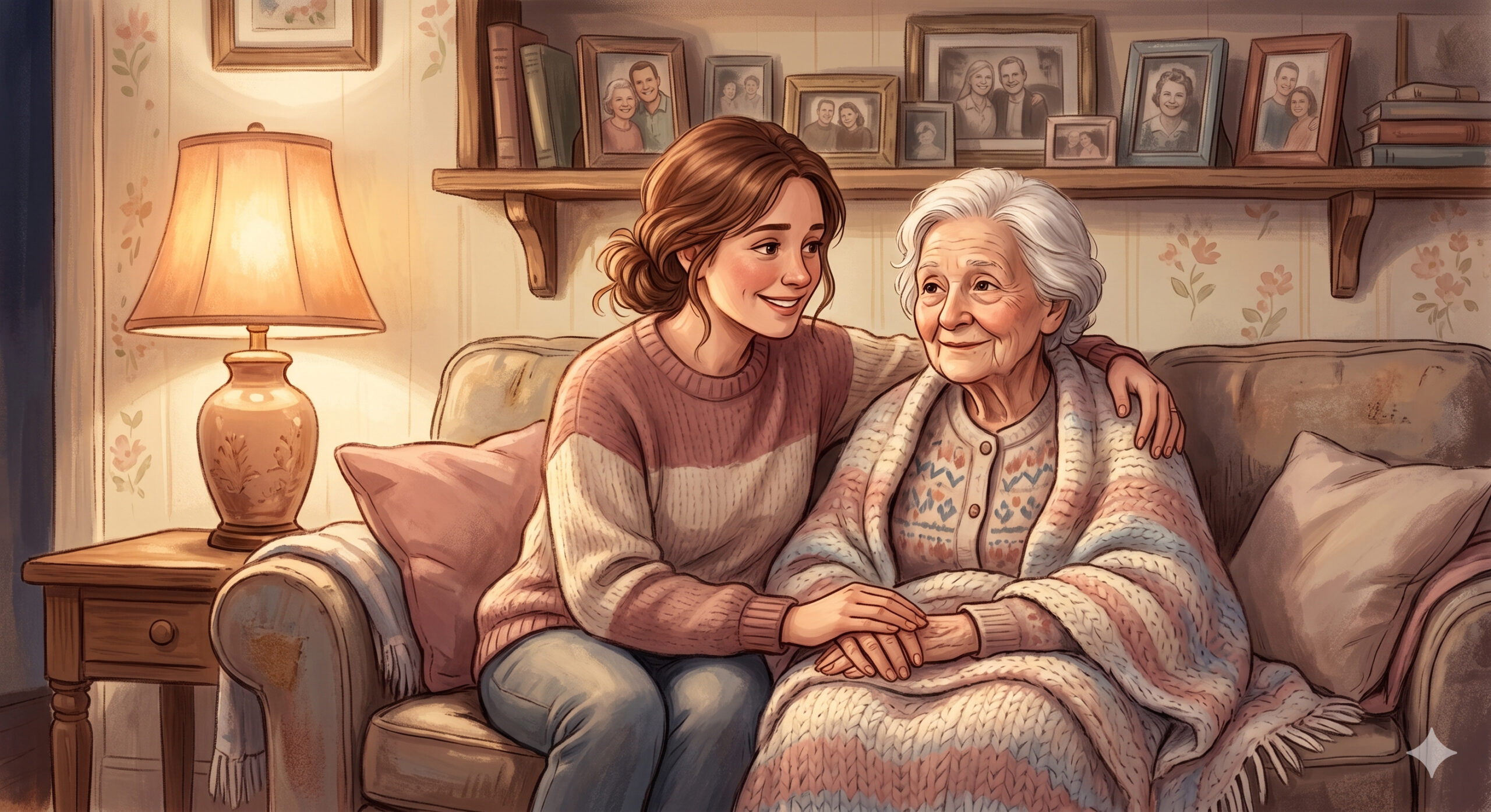 Caregiver daughter with arm around mother outdoors