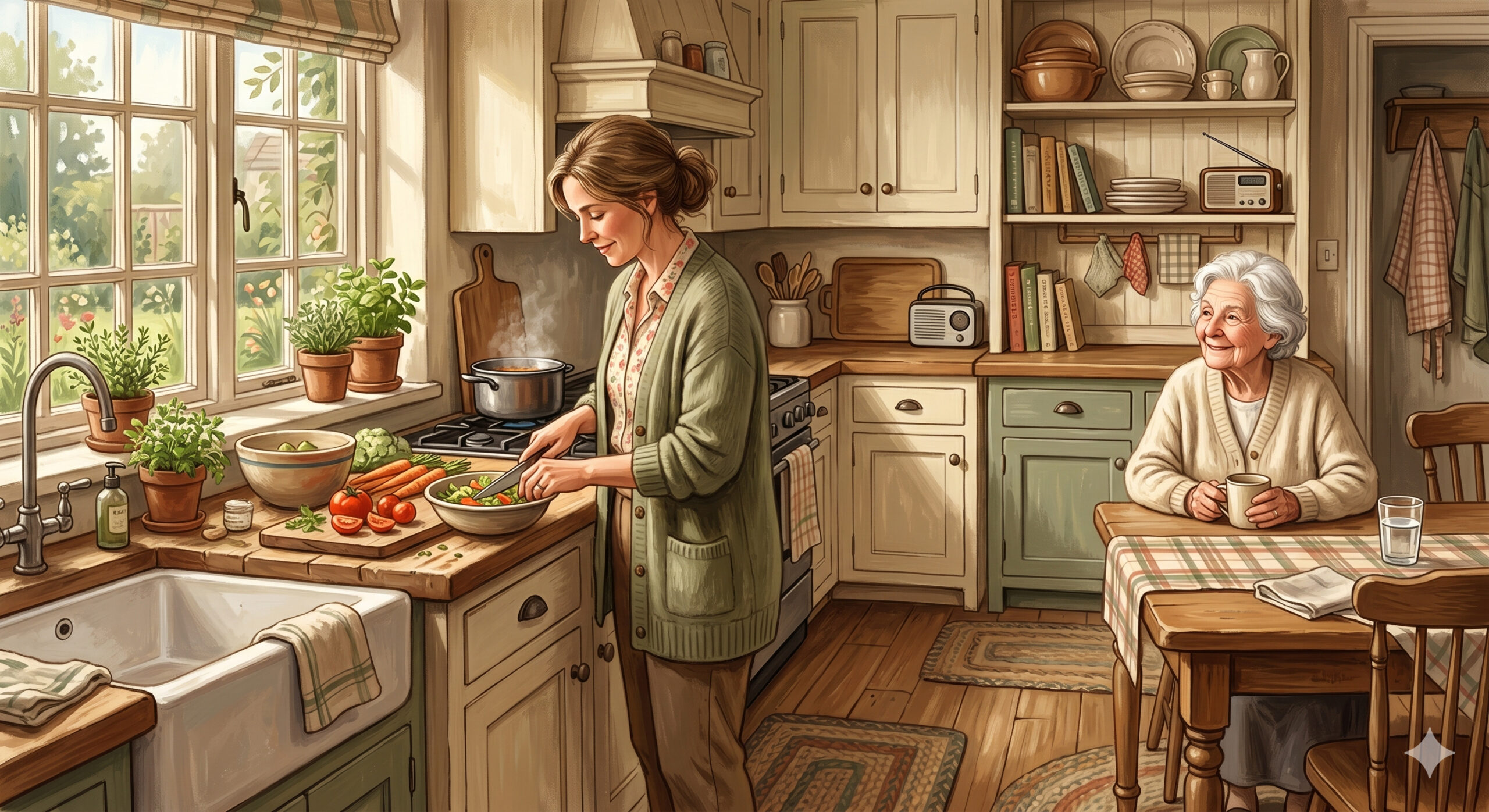 Caregiver preparing a meal for elderly parent at home