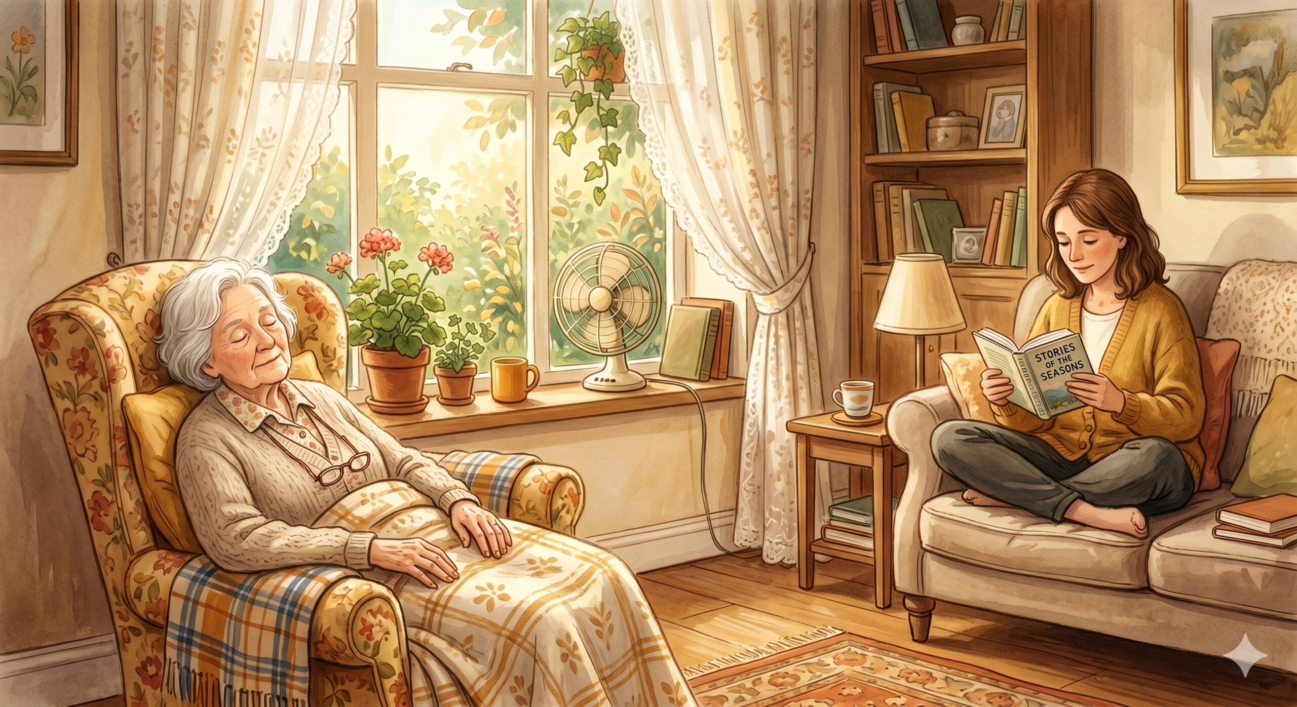 Caregiver sitting with elderly parent by a sunny window
