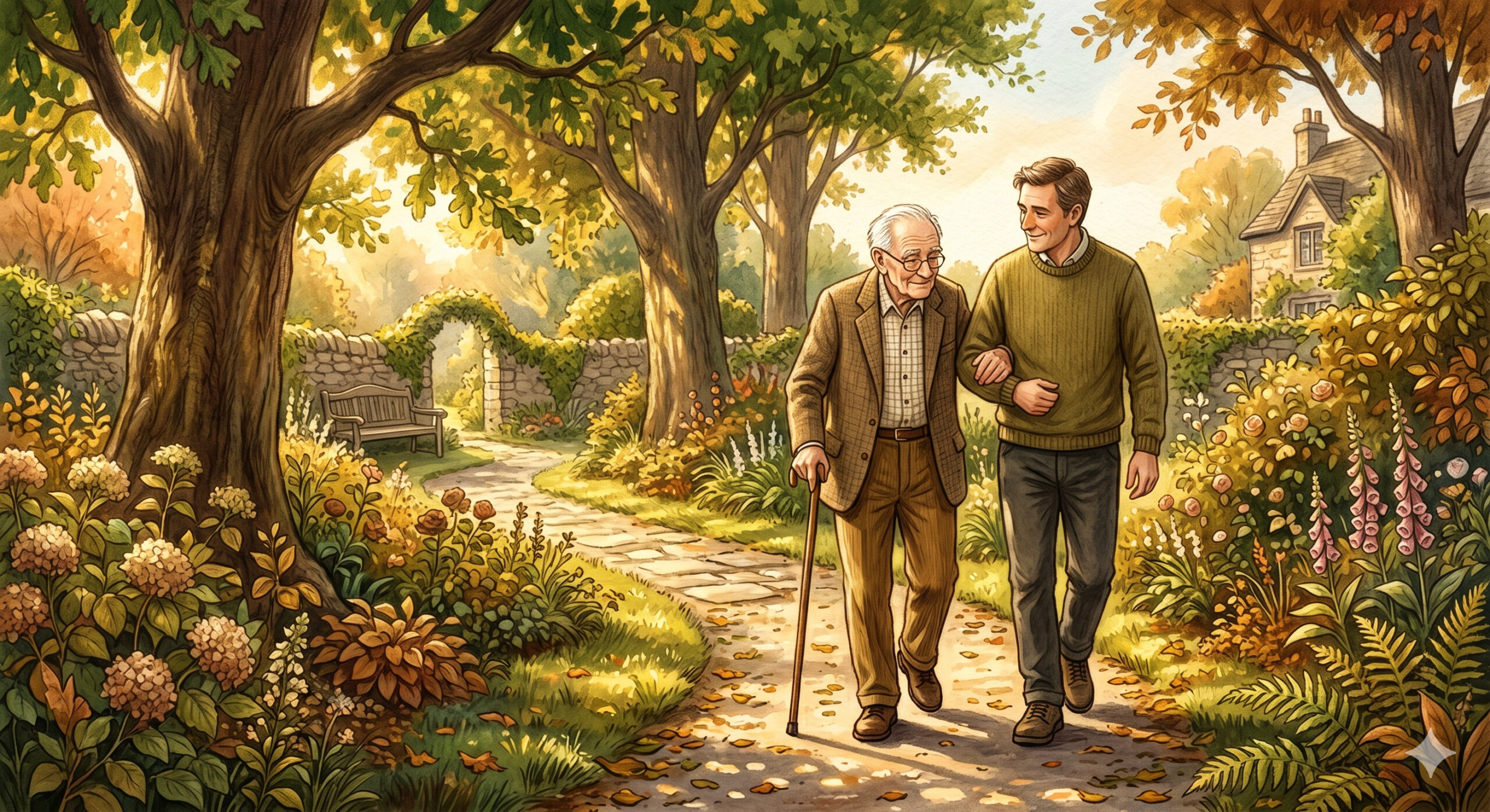 Caregiver son walking with elderly father outdoors