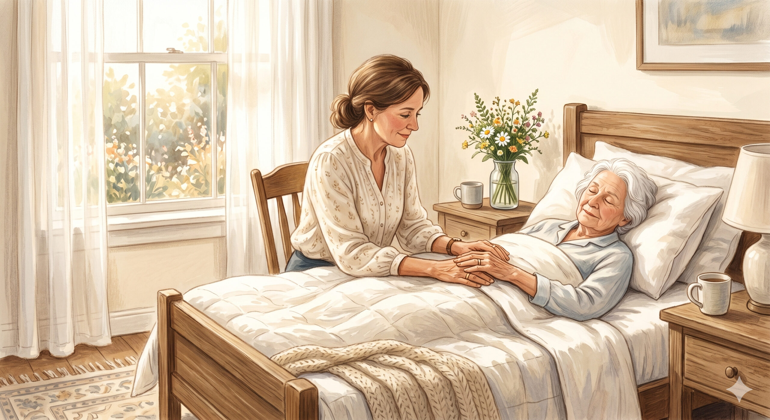 Caregiver holding elderly parent's hand in a peaceful home setting